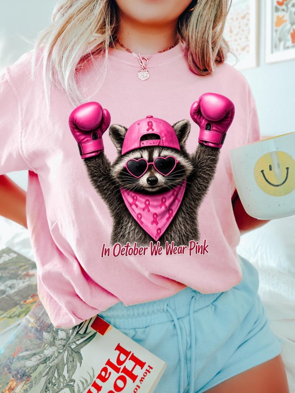 Breast Cancer Awareness Shirt, October Pink Ribbon Shirt, Cute Raccoon Cancer